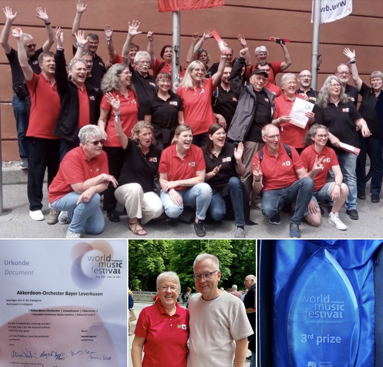 Akkordeon Orchester Bayer Leverkusen Bild-Collage: Gruppenbild, Foto & Pokal, Foto Monika Schneider und Ralf Schwarzien / alle Fotos vom Akkordeon Orchester Bayer Leverkusen